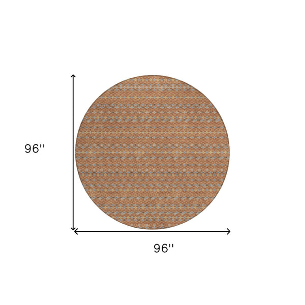 HomeRoots 5' Vibrant Orange and Taupe Striped Washable Area Rug for Indoor and Outdoor Spaces, Durable Style 8' Round 610560