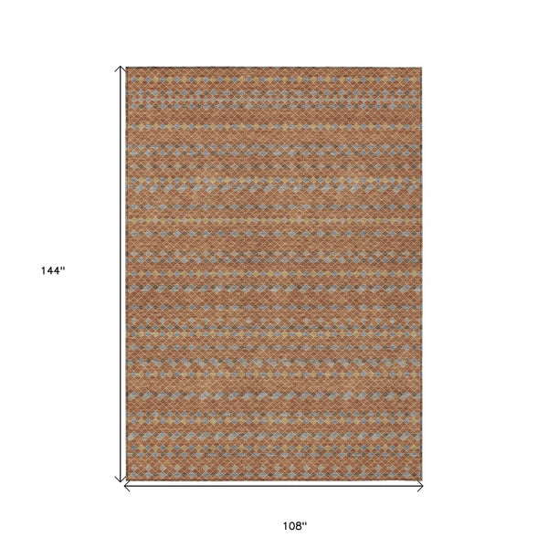 HomeRoots 5' Vibrant Orange and Taupe Striped Washable Area Rug for Indoor and Outdoor Spaces, Durable Style 9' X 12' 610562