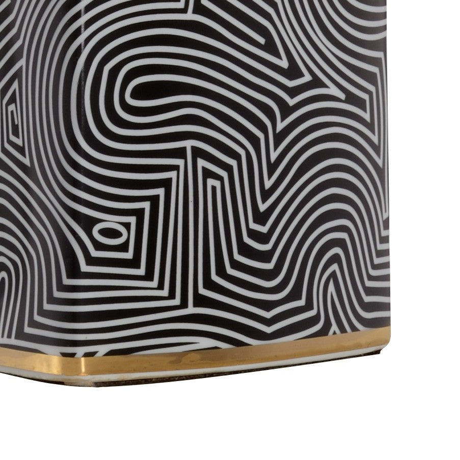 Wildwood Triangular Ceramic Geo Lamp With Black & White Glaze, Gold Trim, Silk Shade For Modern Elegance 61058