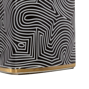 Wildwood Triangular Ceramic Geo Lamp With Black & White Glaze, Gold Trim, Silk Shade For Modern Elegance 61058