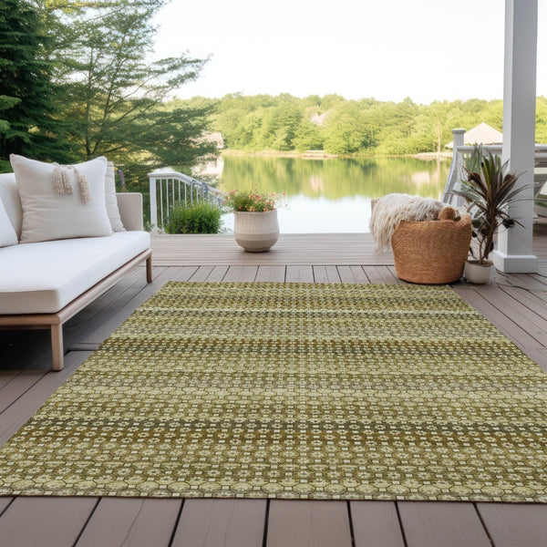 HomeRoots 5' Durable Artichoke Green Striped Area Rug - Ideal for Indoor & Outdoor Spaces, Easy Care Design 9' X 12' 610580
