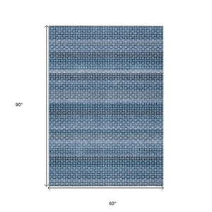HomeRoots 5' Denim Blue and Sky Blue Striped Indoor Outdoor Rug - Durable, Washable, Coastal Charm for All Spaces 5' X 8' 610583