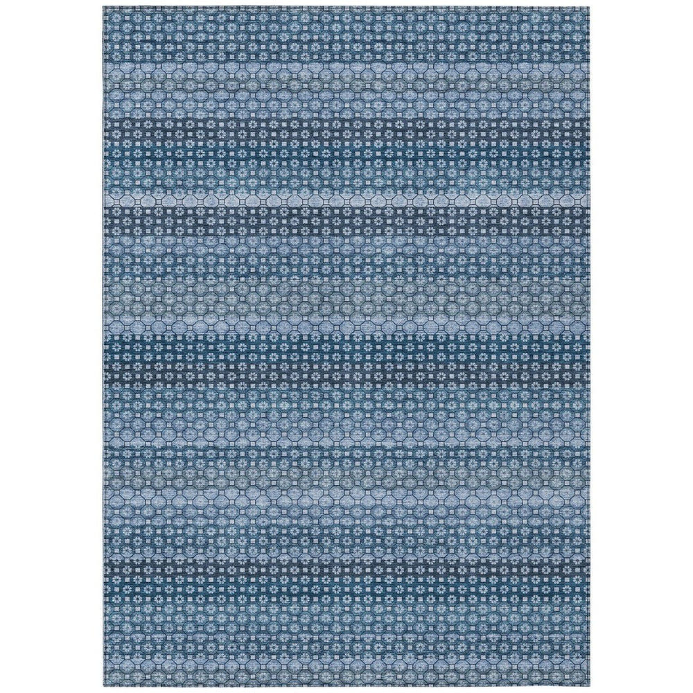 HomeRoots 5' Denim Blue and Sky Blue Striped Indoor Outdoor Rug - Durable, Washable, Coastal Charm for All Spaces 5' X 8' 610583