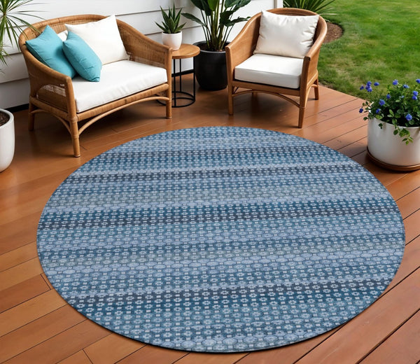 HomeRoots 5' Denim Blue and Sky Blue Striped Indoor Outdoor Rug - Durable, Washable, Coastal Charm for All Spaces 8' Round 610584