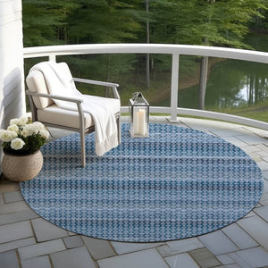 HomeRoots 5' Denim Blue and Sky Blue Striped Indoor Outdoor Rug - Durable, Washable, Coastal Charm for All Spaces 8' Round 610584