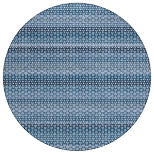 HomeRoots 5' Denim Blue and Sky Blue Striped Indoor Outdoor Rug - Durable, Washable, Coastal Charm for All Spaces 8' Round 610584