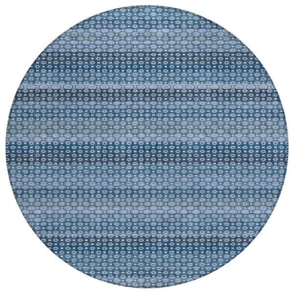 HomeRoots 5' Denim Blue and Sky Blue Striped Indoor Outdoor Rug - Durable, Washable, Coastal Charm for All Spaces 8' Round 610584