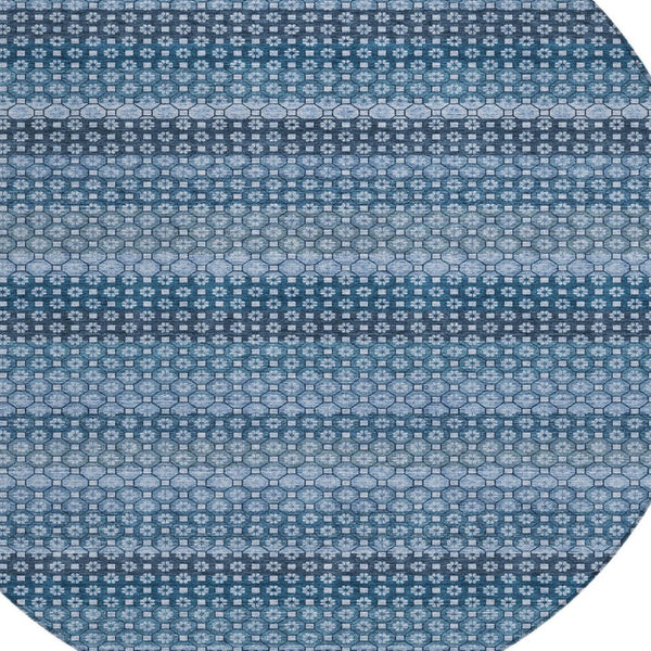 HomeRoots 5' Denim Blue and Sky Blue Striped Indoor Outdoor Rug - Durable, Washable, Coastal Charm for All Spaces 8' Round 610584