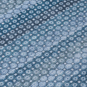 HomeRoots 5' Denim Blue and Sky Blue Striped Indoor Outdoor Rug - Durable, Washable, Coastal Charm for All Spaces 8' Round 610584