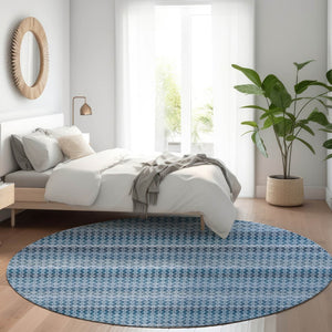 HomeRoots 5' Denim Blue and Sky Blue Striped Indoor Outdoor Rug - Durable, Washable, Coastal Charm for All Spaces 8' Round 610584