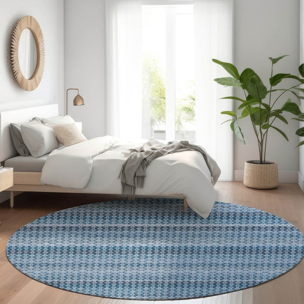 HomeRoots 5' Denim Blue and Sky Blue Striped Indoor Outdoor Rug - Durable, Washable, Coastal Charm for All Spaces 8' Round 610584