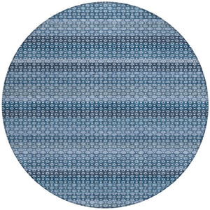 HomeRoots 5' Denim Blue and Sky Blue Striped Indoor Outdoor Rug - Durable, Washable, Coastal Charm for All Spaces 8' Round 610584