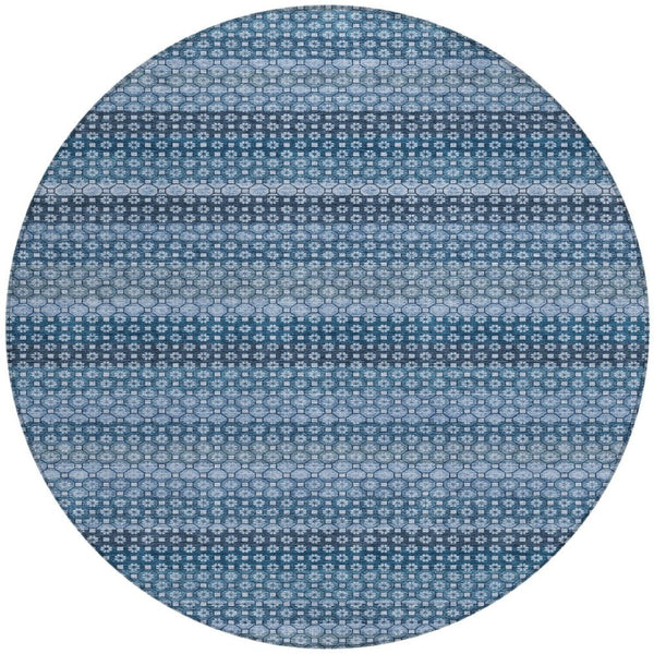 HomeRoots 5' Denim Blue and Sky Blue Striped Indoor Outdoor Rug - Durable, Washable, Coastal Charm for All Spaces 8' Round 610584