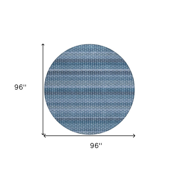 HomeRoots 5' Denim Blue and Sky Blue Striped Indoor Outdoor Rug - Durable, Washable, Coastal Charm for All Spaces 8' Round 610584