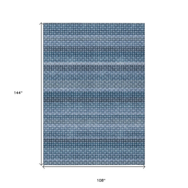HomeRoots 5' Denim Blue and Sky Blue Striped Indoor Outdoor Rug - Durable, Washable, Coastal Charm for All Spaces 9' X 12' 610586
