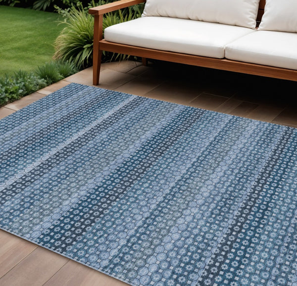 HomeRoots 5' Denim Blue and Sky Blue Striped Indoor Outdoor Rug - Durable, Washable, Coastal Charm for All Spaces 9' X 12' 610586