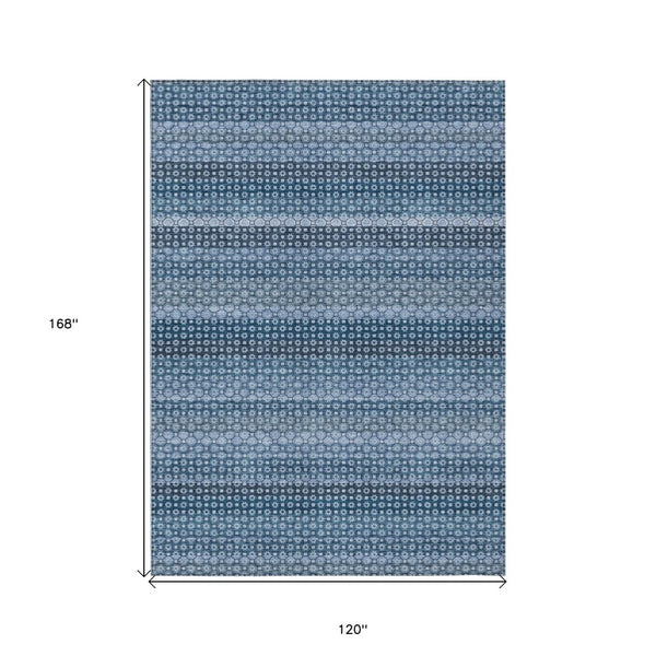 HomeRoots 5' Denim Blue and Sky Blue Striped Indoor Outdoor Rug - Durable, Washable, Coastal Charm for All Spaces 10' X 14' 610587