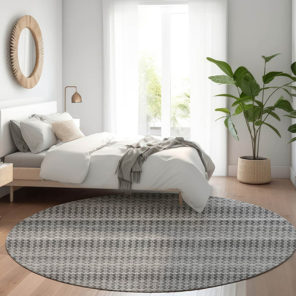 HomeRoots 5' Gray and Silver Striped Washable Area Rug for Indoor and Outdoor Spaces – Durable & Stylish Choice 8' Round 610596
