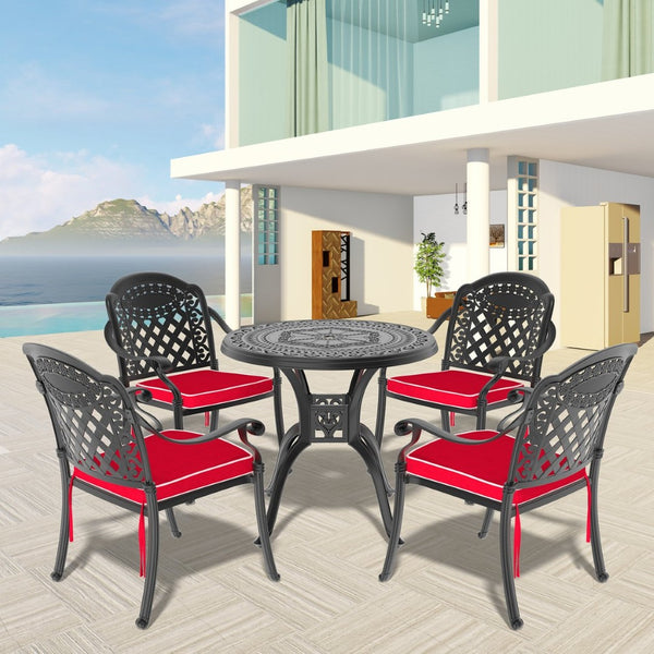English Elm 5-piece Cast Aluminum Outdoor Dining Set with Ornate Patterned Frame and Weather Cushions W1710S00542