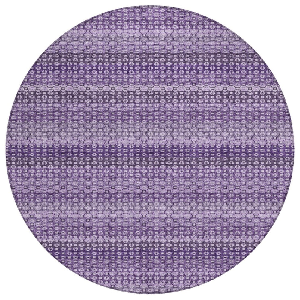 HomeRoots 5' Vibrant Lavender and Purple Striped Washable Area Rug for Indoor and Outdoor Versatile Style 8' Round 610602