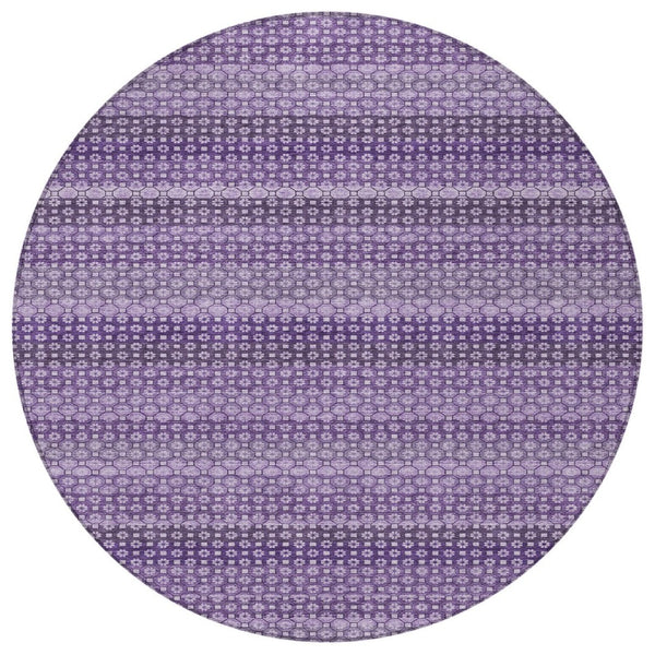 HomeRoots 5' Vibrant Lavender and Purple Striped Washable Area Rug for Indoor and Outdoor Versatile Style 8' Round 610602
