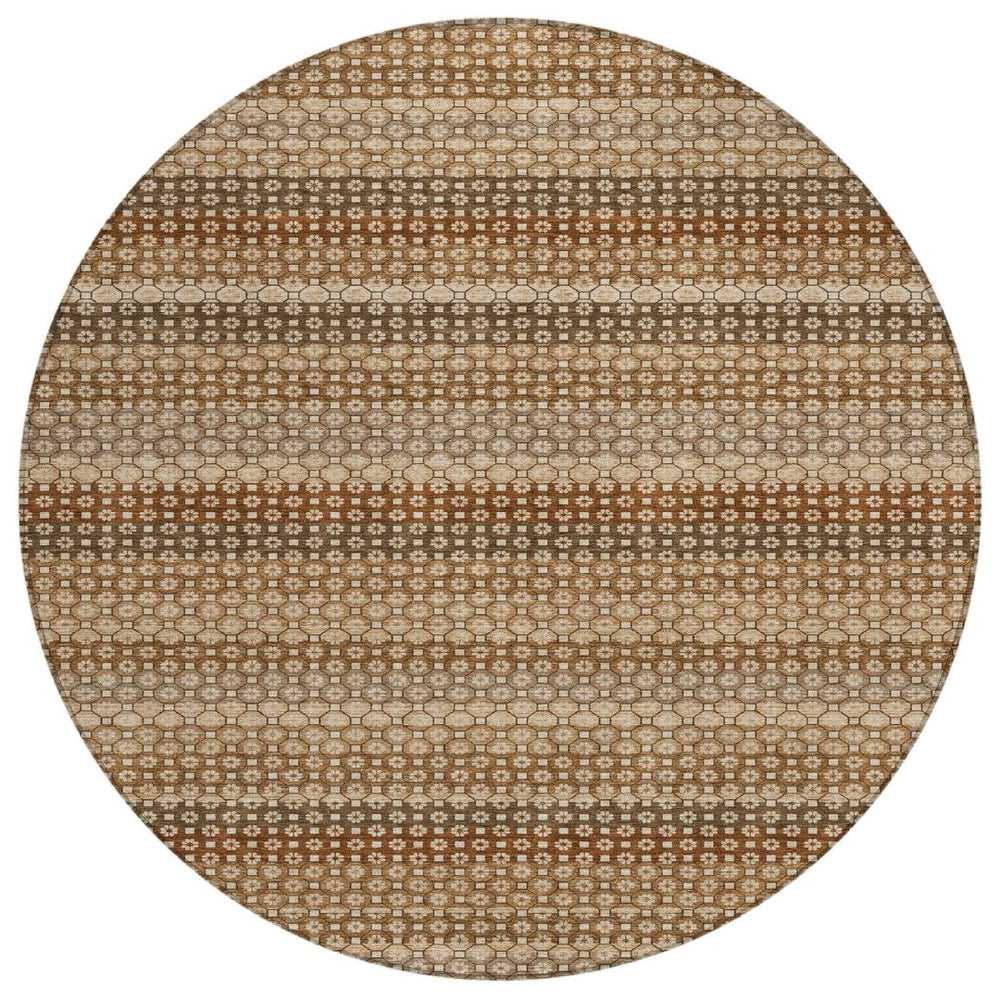HomeRoots 5' Vibrant Orange and Copper Striped Washable Rug – Perfect for Indoor or Outdoor Living Spaces 8' Round 610608