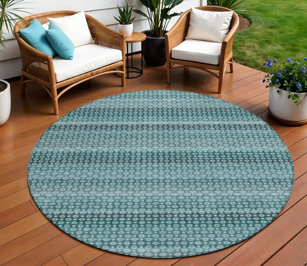HomeRoots 5' Coastal-Inspired Teal Blue and Aqua Striped Washable Area Rug for Indoor and Outdoor Spaces 8' Round 610614