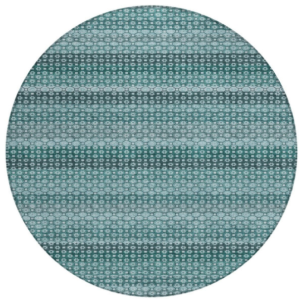 HomeRoots 5' Coastal-Inspired Teal Blue and Aqua Striped Washable Area Rug for Indoor and Outdoor Spaces 8' Round 610614