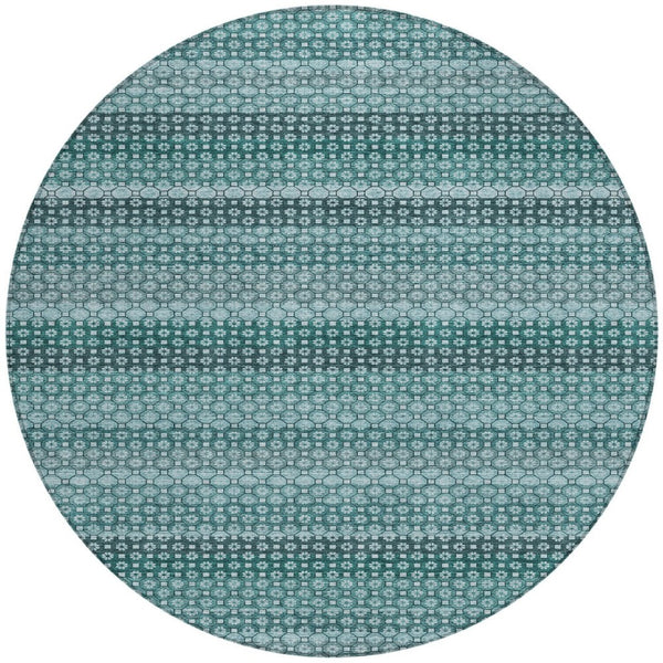 HomeRoots 5' Coastal-Inspired Teal Blue and Aqua Striped Washable Area Rug for Indoor and Outdoor Spaces 8' Round 610614