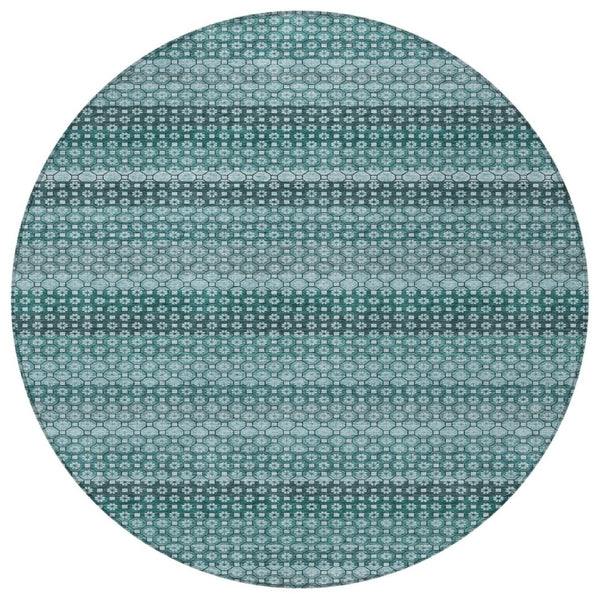 HomeRoots 5' Coastal-Inspired Teal Blue and Aqua Striped Washable Area Rug for Indoor and Outdoor Spaces 8' Round 610614