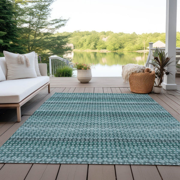 HomeRoots 5' Coastal-Inspired Teal Blue and Aqua Striped Washable Area Rug for Indoor and Outdoor Spaces 8' X 10' 610615