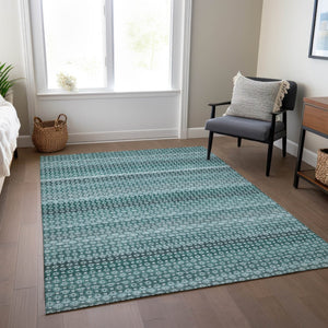 HomeRoots 5' Coastal-Inspired Teal Blue and Aqua Striped Washable Area Rug for Indoor and Outdoor Spaces 9' X 12' 610616