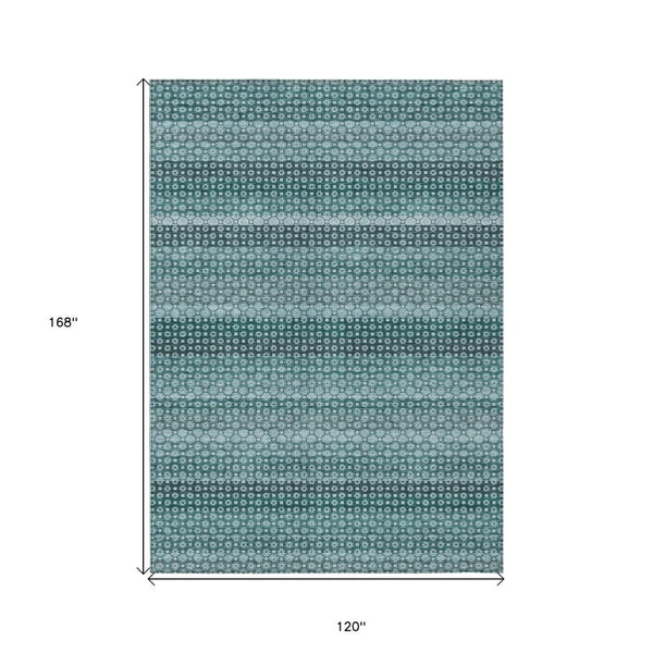 HomeRoots 5' Coastal-Inspired Teal Blue and Aqua Striped Washable Area Rug for Indoor and Outdoor Spaces 10' X 14' 610617