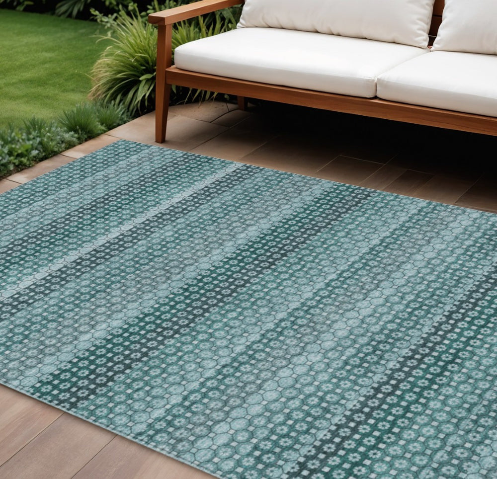 HomeRoots 5' Coastal-Inspired Teal Blue and Aqua Striped Washable Area Rug for Indoor and Outdoor Spaces 10' X 14' 610617
