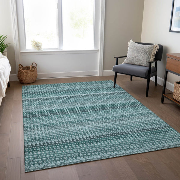 HomeRoots 5' Coastal-Inspired Teal Blue and Aqua Striped Washable Area Rug for Indoor and Outdoor Spaces 10' X 14' 610617