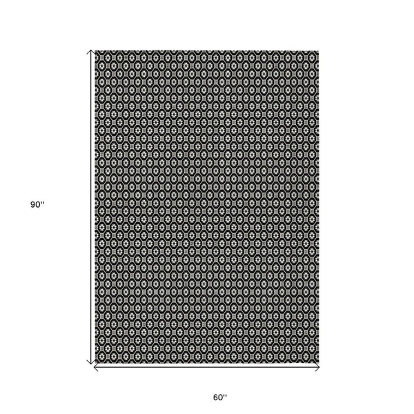 HomeRoots 5' Elegant Black and Gray Floral Washable Area Rug for Indoor and Outdoor Spaces, Durable Design 5' X 8' 610637