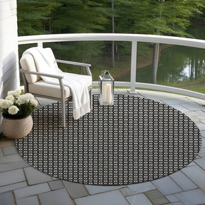 HomeRoots 5' Elegant Black and Gray Floral Washable Area Rug for Indoor and Outdoor Spaces, Durable Design 8' Round 610638