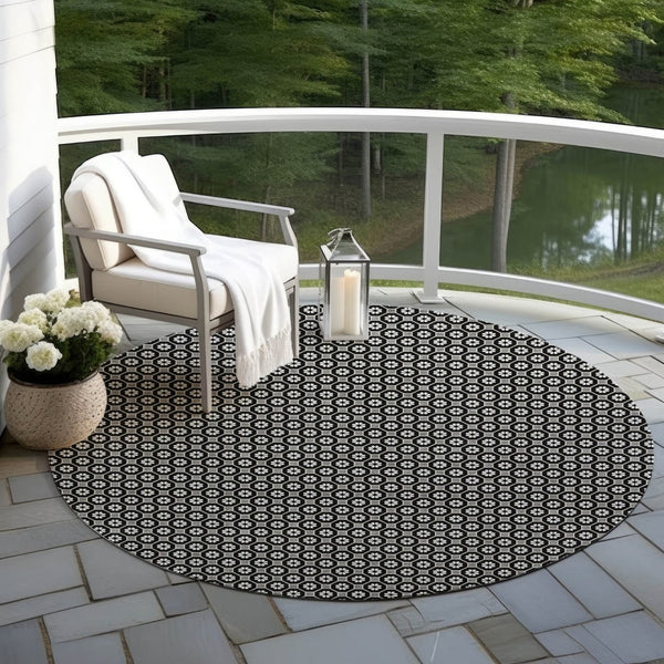 HomeRoots 5' Elegant Black and Gray Floral Washable Area Rug for Indoor and Outdoor Spaces, Durable Design 8' Round 610638