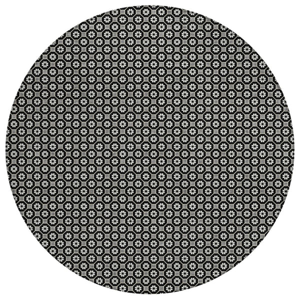HomeRoots 5' Elegant Black and Gray Floral Washable Area Rug for Indoor and Outdoor Spaces, Durable Design 8' Round 610638