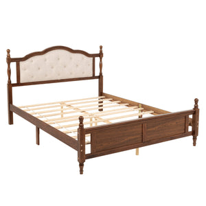 English Elm Queen Pine Upholstered Headboard Bed in Walnut — Modern Minimalist Queen Platform with Dual Support Feet, Space-Saving Design W504P268435