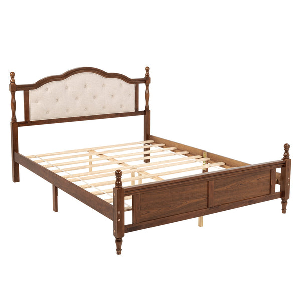 English Elm Queen Pine Upholstered Headboard Bed in Walnut — Modern Minimalist Queen Platform with Dual Support Feet, Space-Saving Design W504P268435
