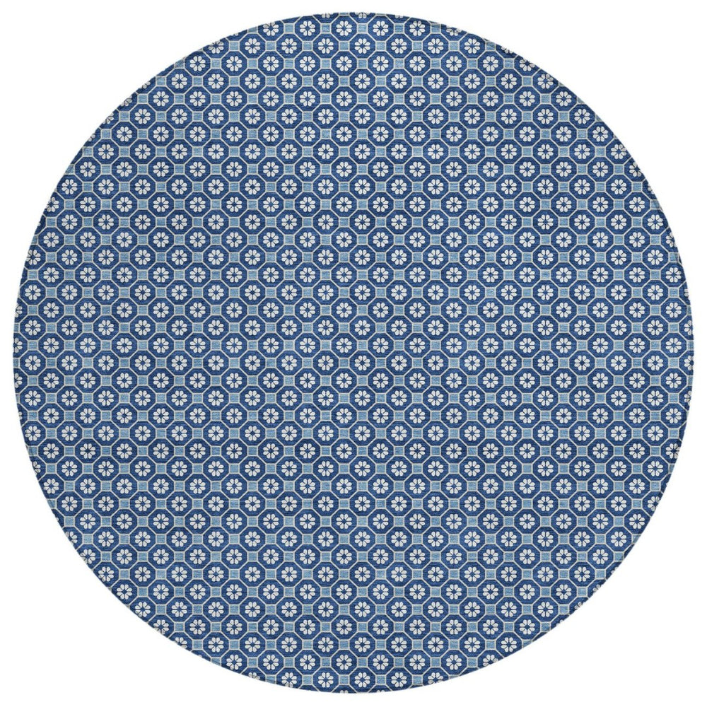 HomeRoots 5' Durable Blue Floral Area Rug - Machine Washable for Indoor & Outdoor Use, Perfect for Any Space 8' Round 610644