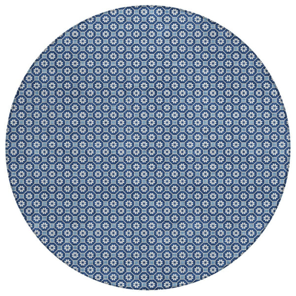 HomeRoots 5' Durable Blue Floral Area Rug - Machine Washable for Indoor & Outdoor Use, Perfect for Any Space 8' Round 610644