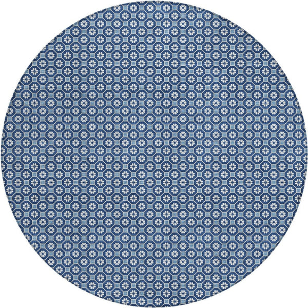 HomeRoots 5' Durable Blue Floral Area Rug - Machine Washable for Indoor & Outdoor Use, Perfect for Any Space 8' Round 610644