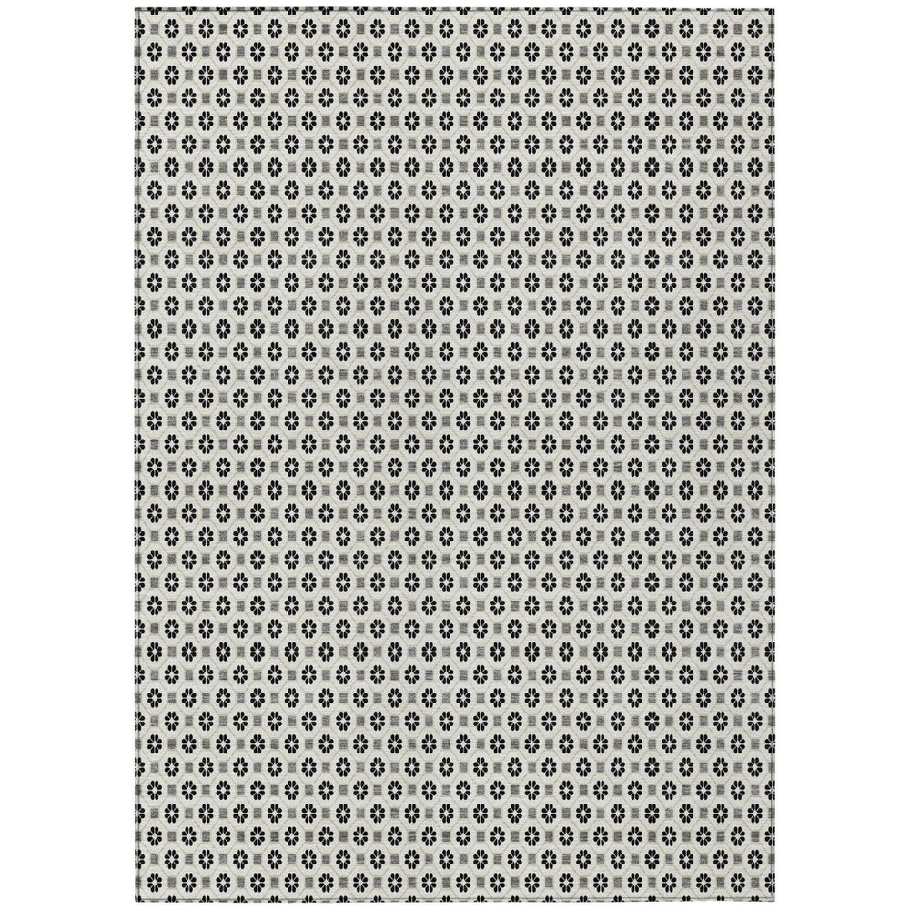 HomeRoots 5' Elegant Ivory and Black Floral Washable Area Rug for Indoor and Outdoor Spaces, Durable Design 5' X 8' 610655