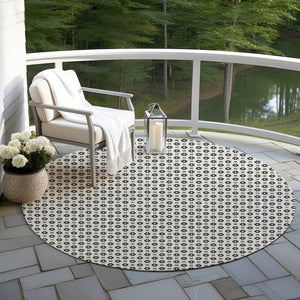 HomeRoots 5' Elegant Ivory and Black Floral Washable Area Rug for Indoor and Outdoor Spaces, Durable Design 8' Round 610656