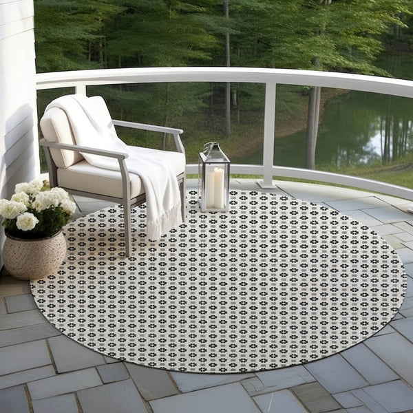 HomeRoots 5' Elegant Ivory and Black Floral Washable Area Rug for Indoor and Outdoor Spaces, Durable Design 8' Round 610656