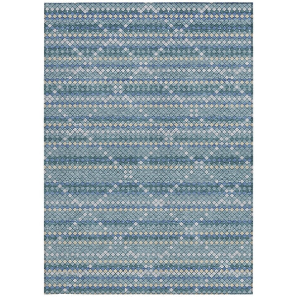 HomeRoots 5' Denim Blue and Teal Geometric Indoor Outdoor Area Rug – Stylish, Durable, and Easy to Clean! 5' X 8' 610685