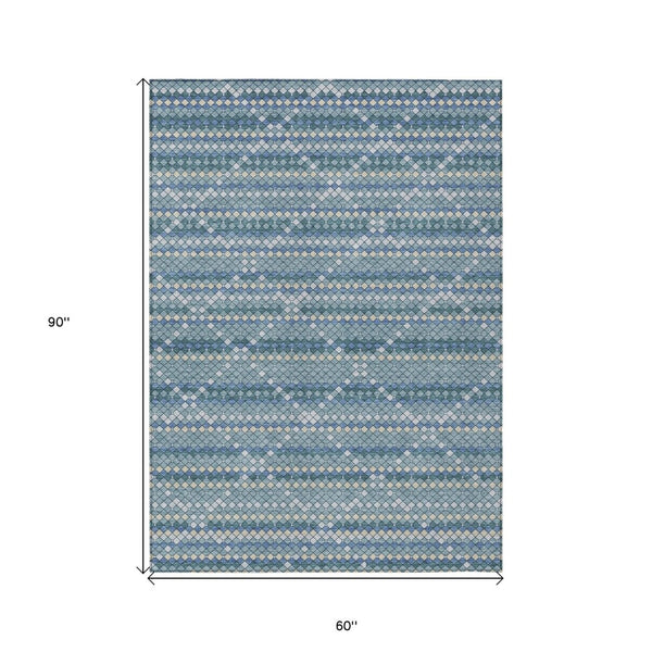 HomeRoots 5' Denim Blue and Teal Geometric Indoor Outdoor Area Rug – Stylish, Durable, and Easy to Clean! 5' X 8' 610685