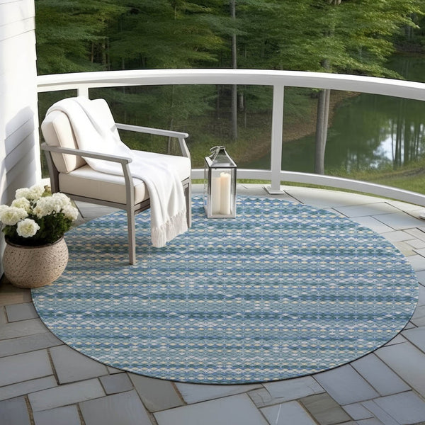 HomeRoots 5' Denim Blue and Teal Geometric Indoor Outdoor Area Rug – Stylish, Durable, and Easy to Clean! 8' Round 610686
